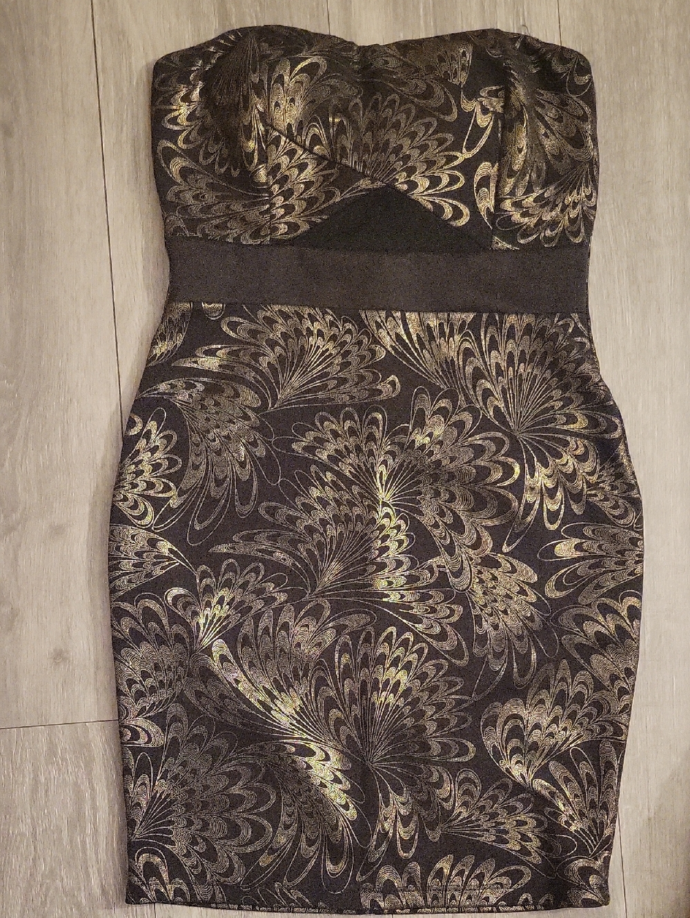 Strapless Black and Gold Printed Bodycon Dress